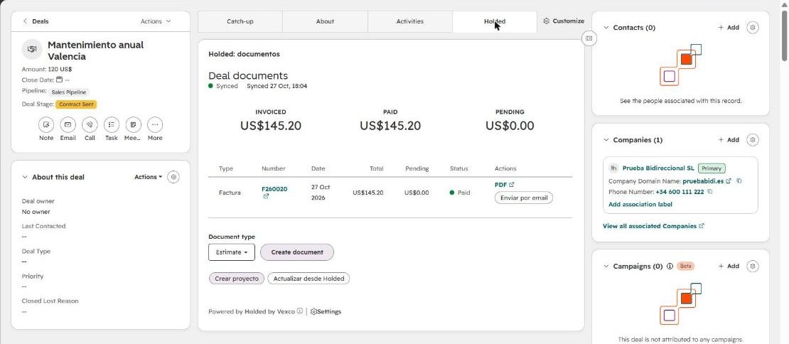 The «Holded» tab on a deal: invoiced, paid, pending and documents with PDF.